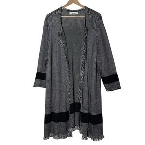 Jones Studio Frayed Fringe Black White Knit Long Open Front Cardigan 2X Gray